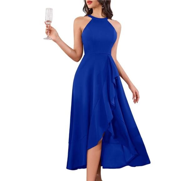 Womens Halter Split Hem Dress Elegant Blue
